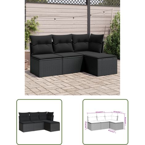 The Living Store Salon de jardin 4 pcs avec coussins noir résine tressée - Canapé De Jardin - Salon De Jardin - Mobilier Extérieur - Résine Tressée - Poly Rotin (1/3)
