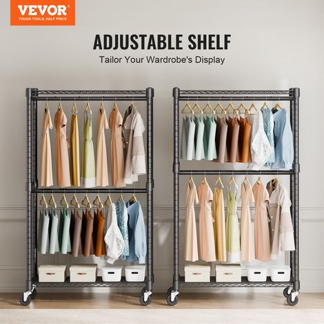 Portant à Vêtements Mobile Porte-Manteau avec Roulettes 2 Tringles Étagères Supérieur et Inférieur Penderie à Vêtements en Acier Ch… (1/5)