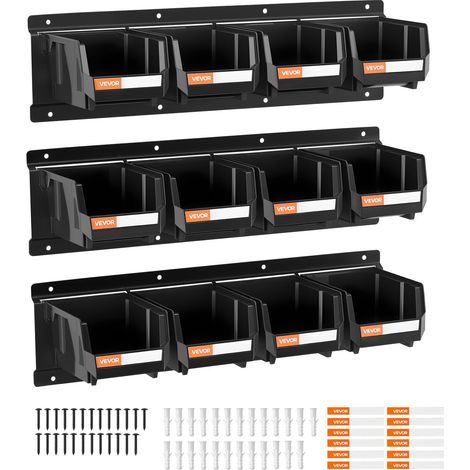 Bac à Bec Mural 12 PCS Bacs de Rangement Empilables Suspendus avec 3 Rails Métalliques, Boites de Rangement en Plastique pour Vis, Écrous, Boulons, Quincaillerie, Outils Atelier, Garage, Noir (1/5)