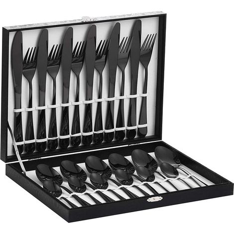 Ensemble de Couverts de Table 24 pièces Ménagères en Acier Inoxydable pour 6 Personnes Set de Couteaux et Fourchettes Cuisine avec Boîte-Cadeau pour Maison, Cuisine, Restaurant - Noir (1/5)