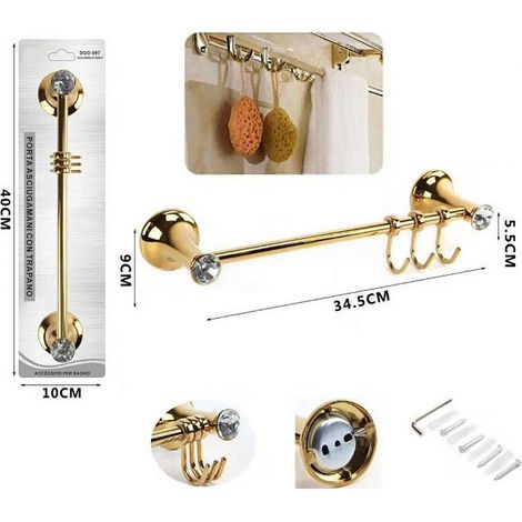 TrAdE Shop Traesio - Porta Asciugamani 3 Ganci Supporto Arredo Bagno Casa Cucina Dorato Oro Dgo-097 - (1/2)
