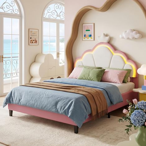 Lit Enfant 90x190 cm, Lit fille rose - Tête de Lit Nuage avec LED - Sommier à Lattes Inclus, Design Scandinave (1/5)