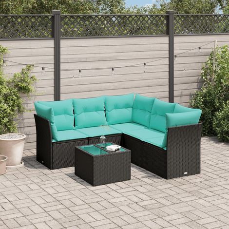 The Living Store Salon de jardin 6 pcs avec coussins noir résine tressée - Meuble extérieur (1/3)