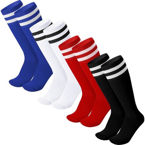 Este paquete de 4 pares de calcetines de fútbol son transpirables, de caña larga y adecuados para adultos que practican running, entrenamiento, rugby, hockey, fútbol y otros deportes.