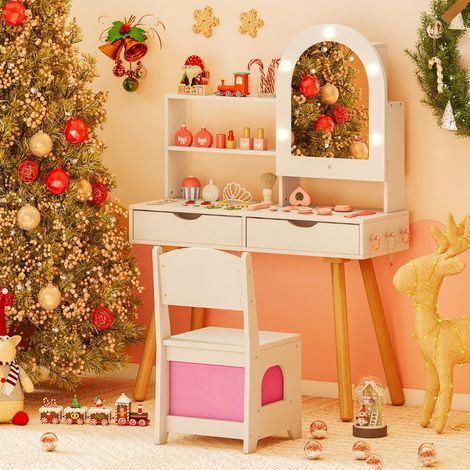 Coiffeuse pour Enfants Coiffeuse avec 3 Modes d'Éclairage Luminosité Réglable Miroir Étagères et Tiroirs Ouverts Blanc (1/3)