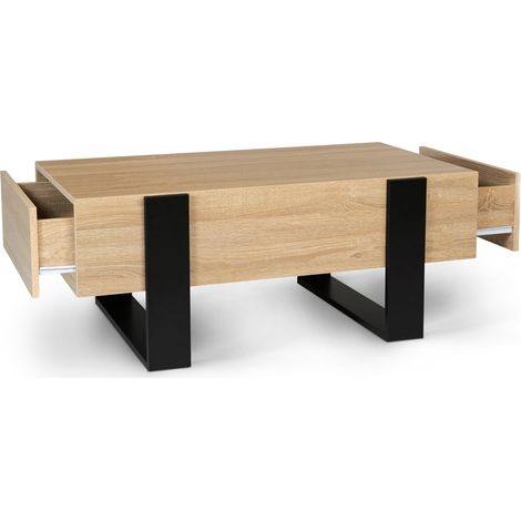 Idmarket – Table basse fixe 100 cm – Rectangulaire avec 2 tiroirs coulissants – Bois mélaminé noir et bois clair – Design moderne et robuste (1/5)