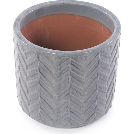 Blumentopf aus Keramik Ø38 cm aschgrau, Chevron-Relief, Abflussloch, OKMYHOME (1/5)