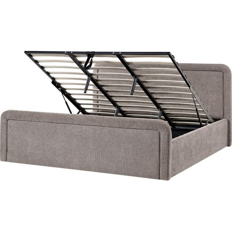 Ottoman Bed Taupe Fabric Upholstery EU Super King Size Headboard Lift-Up Storage Function Scandi VIVIERS