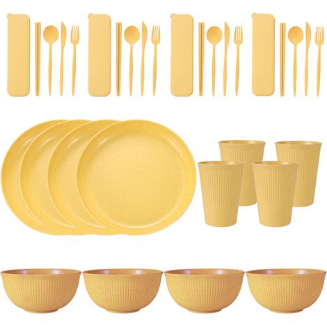Tragbares Geschirrset aus Weizenstroh (Schüsseln, Teller und Becher), Messer, Gabel, Löffel und portugiesische Essstäbchen. 36-teiliges Set.