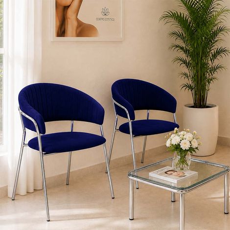 Lot de 2 chaises de salle à manger Aurelia en velours bleu nuit avec pieds en fer chromé (1/5)