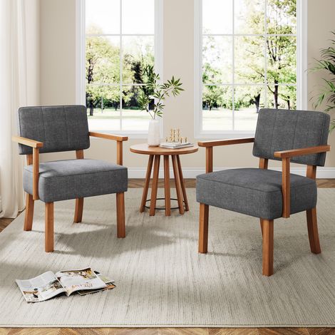 Fauteuil d'accent mid-century bois, cuir PU anthracite à rayures verticales (1/5)