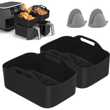 LYERCW - Lot de 2 moules en silicone pour friteuse à air double, moules en silicone pour friteuse à air, paniers doubles en silicone pour friteuse à air, grille pour friteuse à air (1/5)