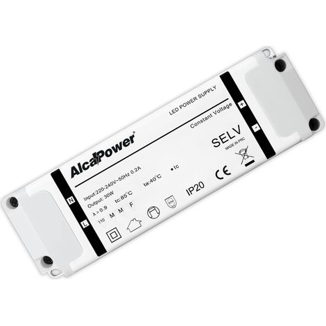 Alimentation à découpage Alcapower 24V 30W 1,25A IP20 éclairage LED, design compact haute efficacité, installation professionnelle polyvalente.