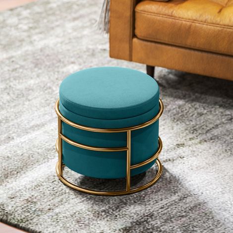Pouf de rangement rond en velours, repose-pieds avec compartiment de 24 L et couvercle amovible, pour chambre et salon, Ø 42 x 39 cm, vert (1/5)