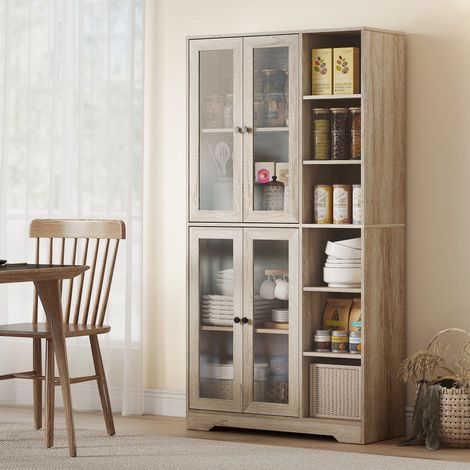 Alacena de Cocina con Vitrinas con 4 Puertas Cierre Suave y Estantes Ajustables, 90x35x172 cm Gris Claro (1/5)