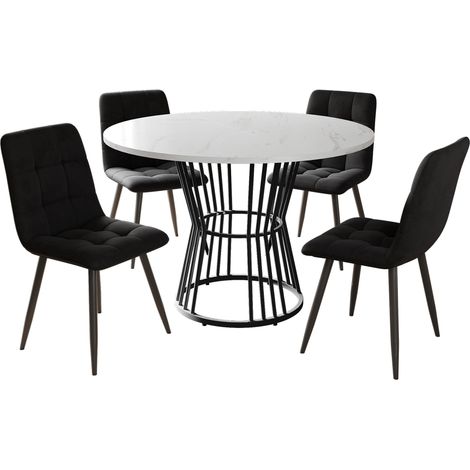 Set tavolo da pranzo 5 pezzi rotondo 100 cm, piano MDF effetto marmo e 4 sedie in velluto (1/5)