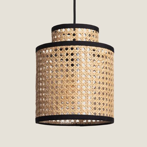 Ledkia – Suspension en rotin naturel – Abat-jour en rotin et métal noir – Type d'ampoule E27 – Pour éclairage LED RGB ou CCT
