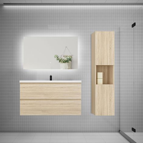 Ensemble meuble chêne et vasque L.100cm 2 tiroirs + colonne1 haut + lavabo + miroir 80x60cm-suspendu
