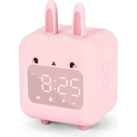 Réveil enfant lapin rose, horloge numérique fille avec veilleuse, réveil son doux blanc pour chambre, minuteur USB mignon, cadeau idéal (1/5)