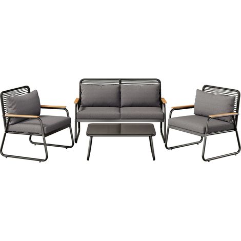 Salon de jardin,Canapé d'Angle 4 places,Avec Table basse verre trempé et Coussin amovible,Mobilier jardin,Noir
