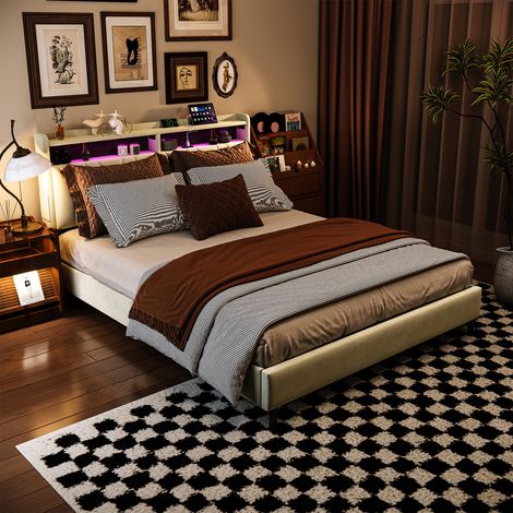 CJHXE Cama doble tapizada de 140 x 200 cm, cama con canapé y espacio de almacenamiento, cabecero con iluminación LED y puertos USB y Type-C, estructura de cama moderna