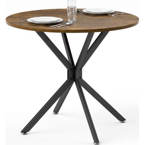 FurnitureR Table à manger ronde 90 x 78 cm, 2 à 4 personnes, plateau effet bois vintage brun, pieds croisés en acier noir réglables (1/5)