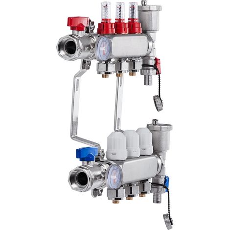 Collecteur de chaleur rayonnante à 3 sorties, en acier inoxydable, pour tube PEX 1/2", kit complet avec adaptateurs, pour plancher chauffant hydraulique. (1/5)