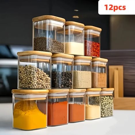 (400 ml - 12 bouteilles) Bocaux carrés en verre hermétiques avec couvercles, adaptés au stockage du café, des biscuits, des bonbons et des condiments de cuisine. (1/5)
