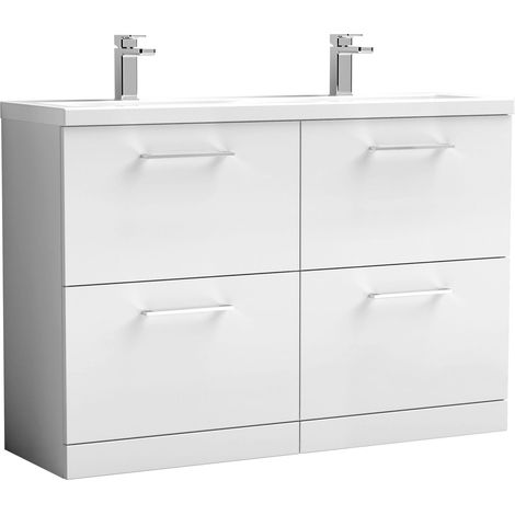Balterley Bramshall 1200mm Floor Standing 4 Drawer Double Basin Vanity Unit for Modern Bathroom Storage - Gloss White