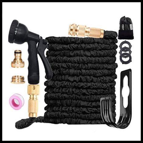 Tuyau d'arrosage extensible jusqu’à 30 m avec pistolet pulvérisateur 8 fonctions, tuyau magique extensible, anti-fuite, raccords en laiton, support de tuyau, sac de rangement (noir) (1/2)