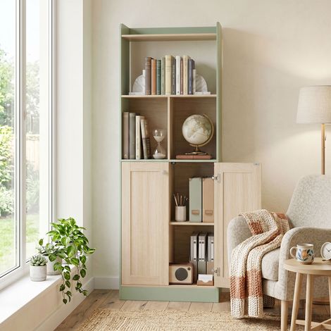 Bibliothèque à 5 niveaux avec 2 portes, 60 x 30 x 161,2 cm, bois vert et naturel (1/5)