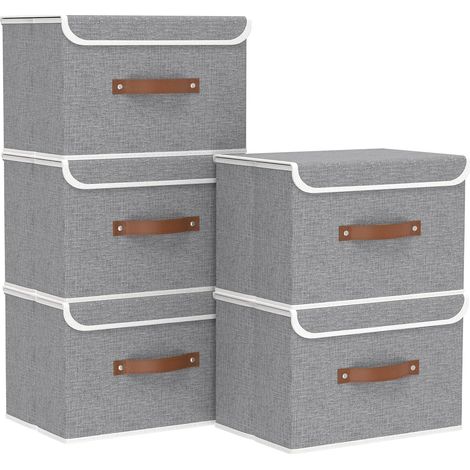 Lot de 5 Boite de rangement, Tissu, Pliable, Couvercle, Poignée renforcée, Panneau PP, Pour vêtement, Serviette, Maison