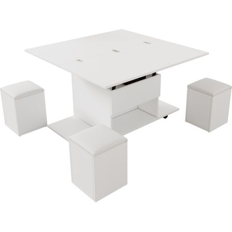 (modification du produit) Table basse multifonctionnelle relevable – le plateau peut s’ouvrir en 2 tables, blanc + blanc, grande capacité, meuble moderne de salon, bureau, table à manger, table de loi (1/5)
