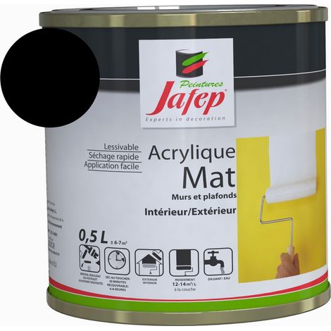 Peinture acrylique mat noir 0,5 L – Rendement 12-14 m²/L – Application sur plâtre, ciment, bois – Temps de séchage 30 minutes – Jafep