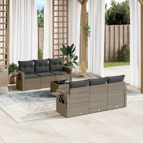Ensemble de Salon Jardin Modulaire  Sét 7 Pièces Gris  Polyrotin Résine Tressée, Table et Coussins, Fonction Rangement  (4 Canapés + 2 Sièges + Table + 6 Dossiers + 6 Assises) (1/3)