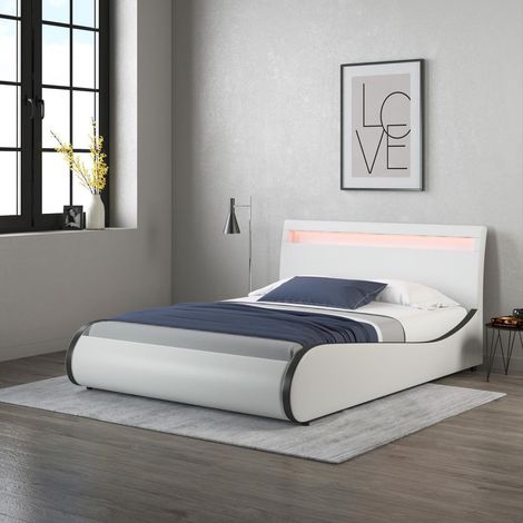 ORION LED LIGHTS HEADBOARD FAUX LEATHER SMALL DOUBLE BED FRAME White with Black (1/5)
