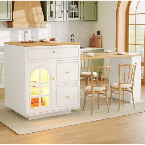 Îlot de cuisine extensible 122,5-195,5x59x93,5 cm en MDF blanc, LED, gain de place – MEUBLIV (1/5)