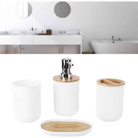 Ensemble de salle de bain d'hôtel 4 pièces, ensemble de salle de bain nordique en bambou, articles de toilette en bambou, brosse à dents en plastique, blanc. (1/5)