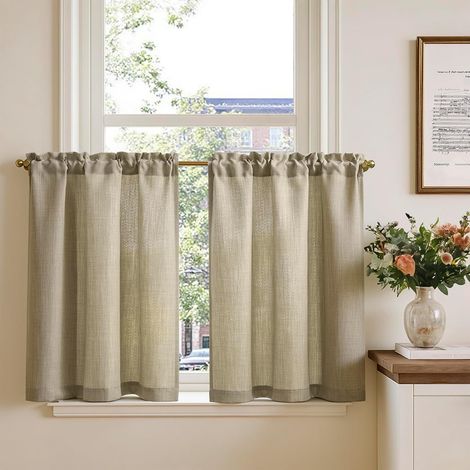 Rideau Cuisine Petit Rideaux Court Brise Bise, Taupe 65L x 75H(cm) 2 Panneaux à Passe Tringle, pour Fenêtre Placard Meuble Bas Chambre Cache sous Evier,en Effet Légers Style Moderne (1/5)