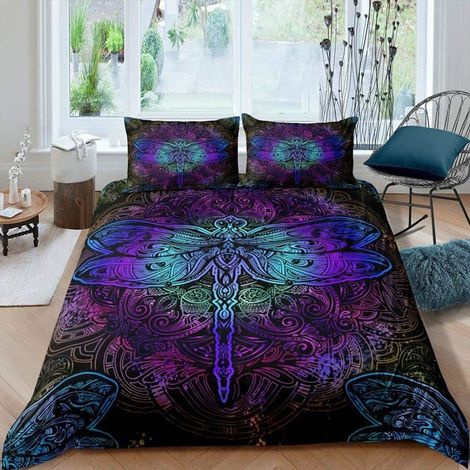 Parure de lit 240x260 avec housse de couette à motif de libellule bohème - Motif mandala et cachemire - Violet (1/5)
