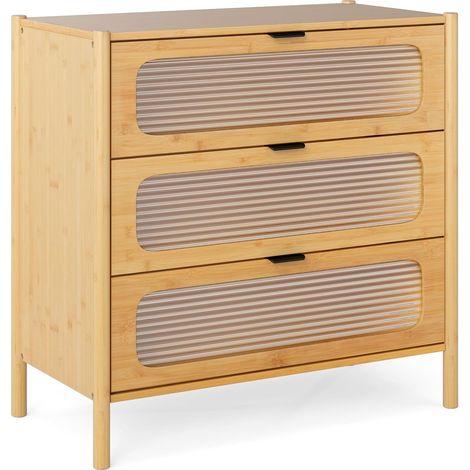 GOPLUS Commode Chambre en Bambou à 3 Tiroirs, Verre Trempé à Cannelures, Dispositif Anti-Basculement, Armoire de Rangement Style Naturel pour Salon, Chambre, 80x40x78,5cm (1/5)