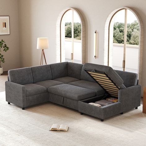 Canapé d'angle moderne en forme de U avec fonction couchage, canapé-lit gigogne, méridienne avec espace de rangement, gris (1/5)