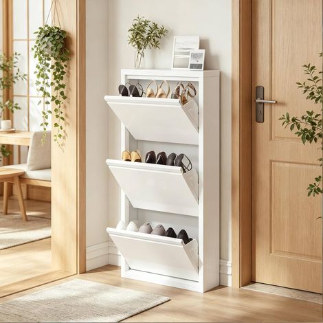 Mobile scarpiera 50x15x106 cm bianco in metallo con 3 scomparti, design slim, fissaggio a parete e chiusura magnetica (1/5)