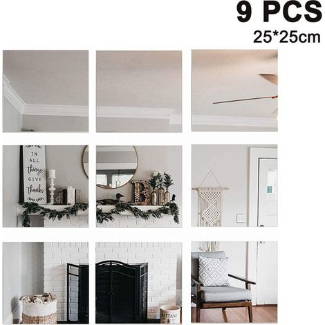 Espejos adhesivos de pared para decorar el salón, fabricados en acrílico seguro, de 25 x 25 cm, transparentes, aptos para baños, dormitorios, puertas, etc., 9 unidades por paquete. (1/4)