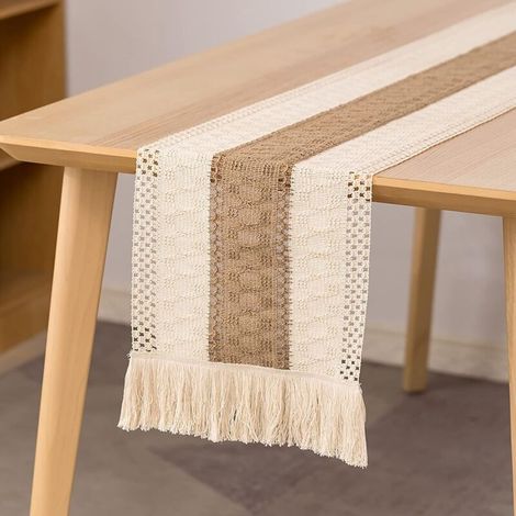 Runner da tavola in macramè, runner da tavola 30x180 cm in cotone e lino naturale, decorazione da tavola bohémien con nappe all'uncinetto