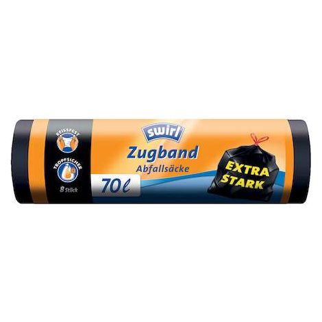 Sacs poubelle Swirl, extra résistants, a lien coulissant, noirs, 70 L, paquet de 8 pieces