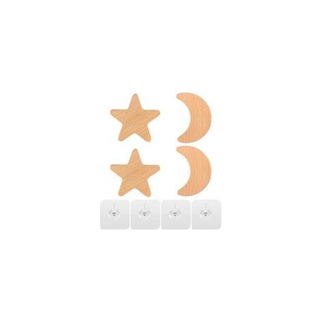Perchero infantil de pared, gancho de pared de madera, pomo de madera, juego de luna y estrella (4 piezas) - Crezuo