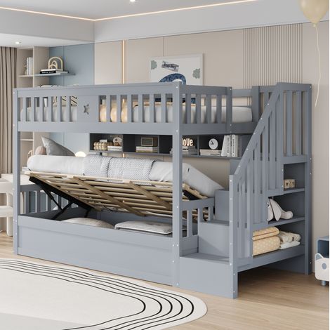 Hochbett 90x200 cm grau aus Holz mit Stauraum, Regal, Treppe und Sicherheitsgeländer (1/5)