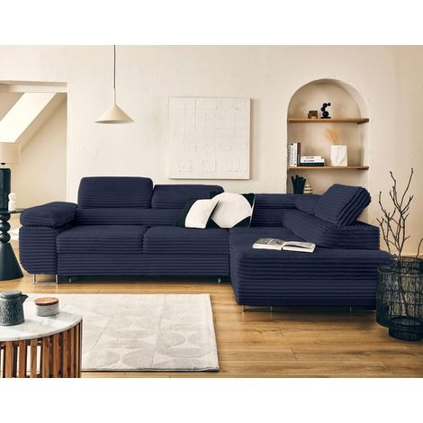 Zaria - ecksofa rechts 5-sitzer schlaffunktion und bettkasten und kopfstützen großer geripptem cord - blau