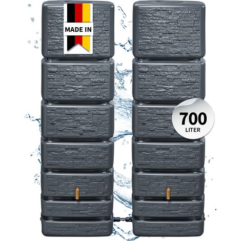 4rain Regentonne Wandtank SLIM STONE DECOR SET 700 Liter, graphite grey, 2x Slim 350L, inkl. Verbinder